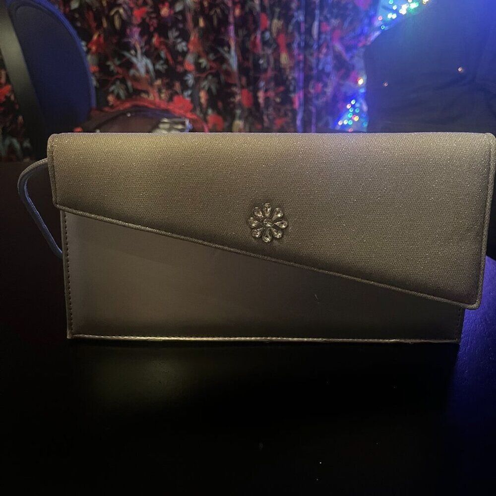 Vintage Silver Evening Bag with Rhinestone Flower